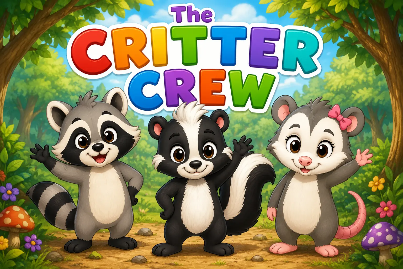 The Critter Crew: Rocco the raccoon, Skippy the skunk, and Piper the opossum waving in the forest